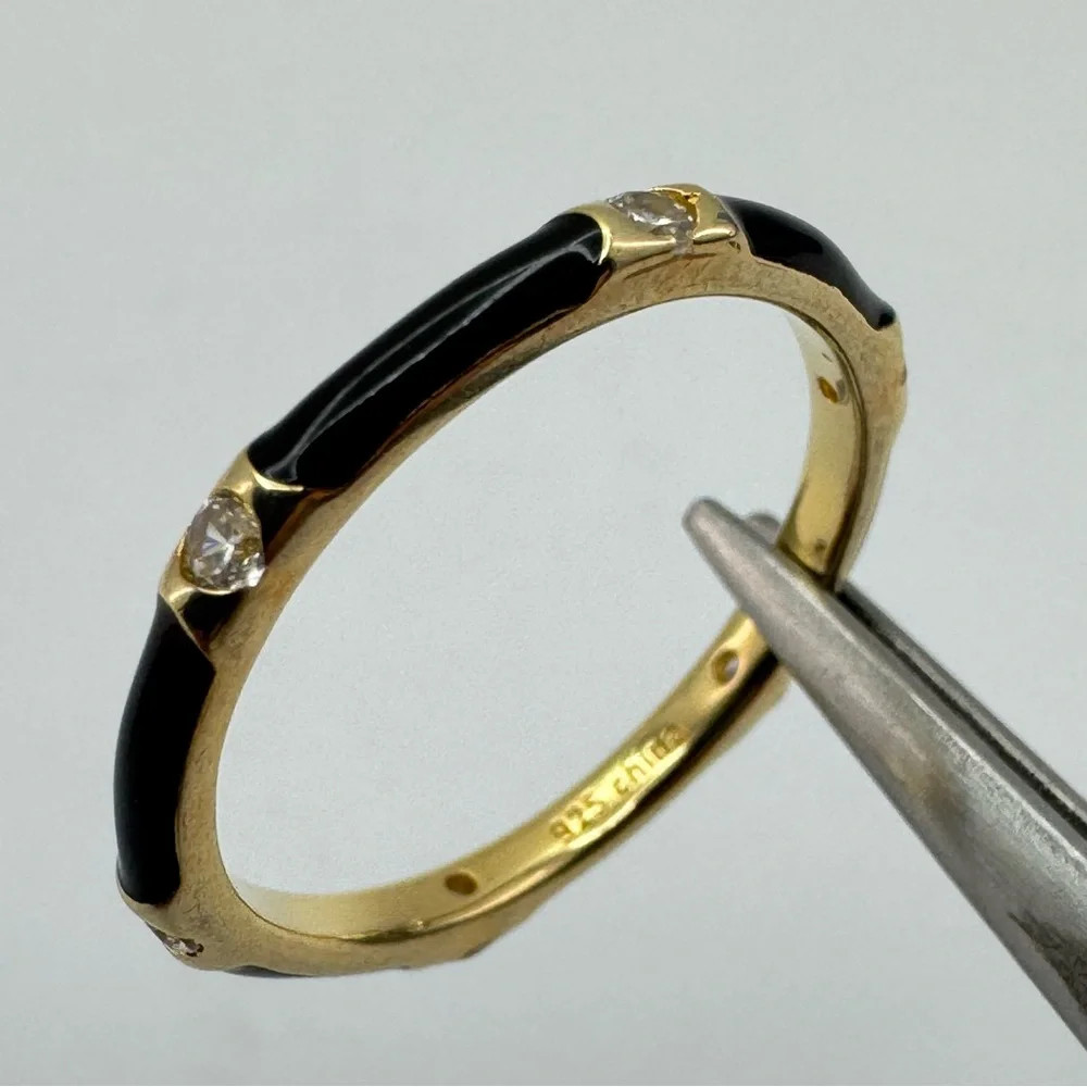 Sterling Silver Gold Plated Black Enamel CZ Stacker Ring Size 7